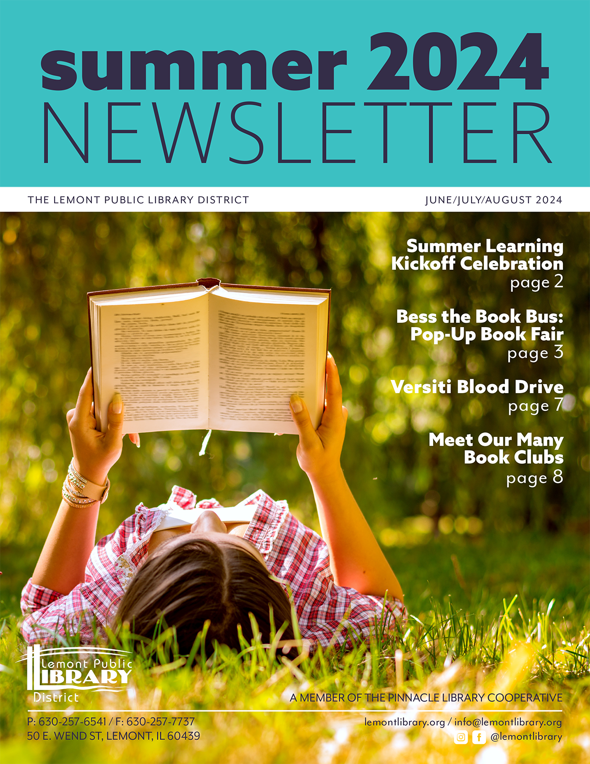 2024 Summer Newsletter Cover, Woman reading in field
