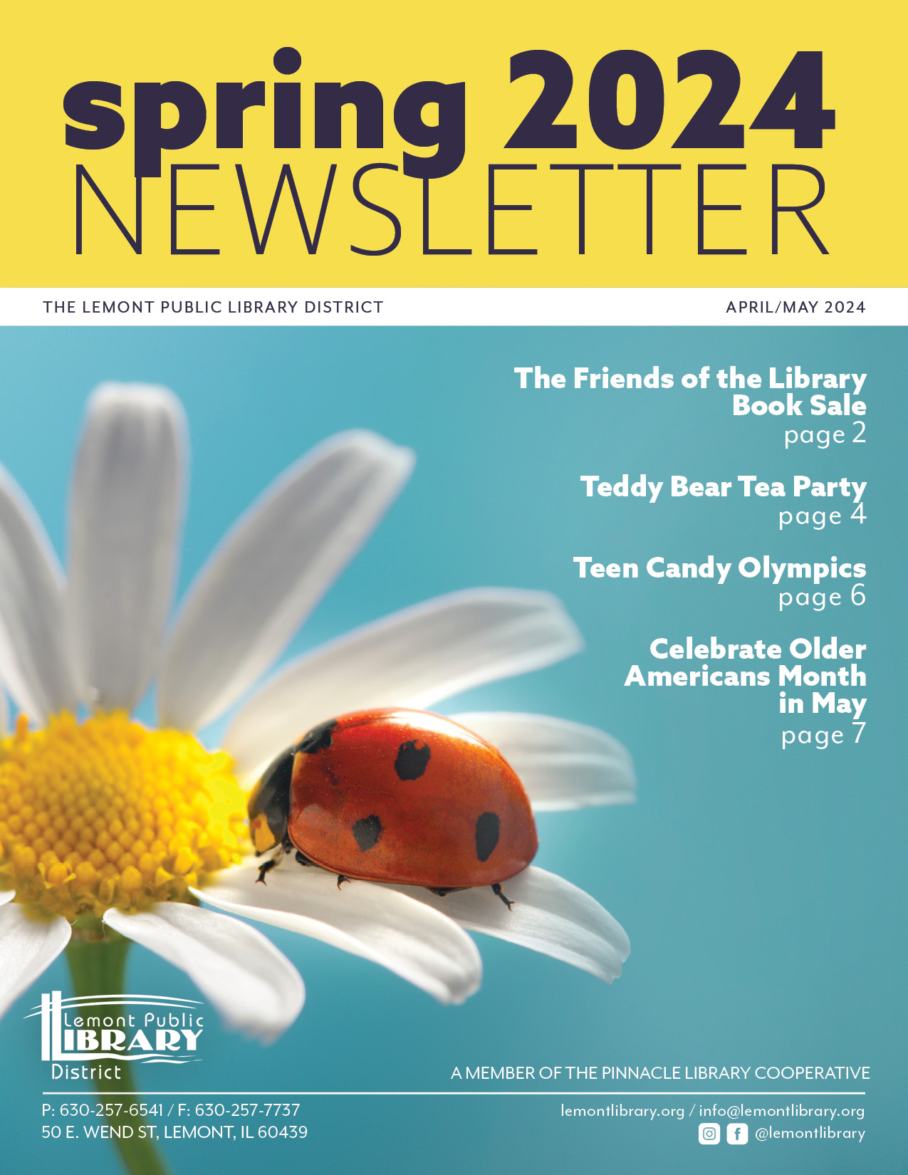 Cover image for Spring 2024 newsletter, ladybug on flower