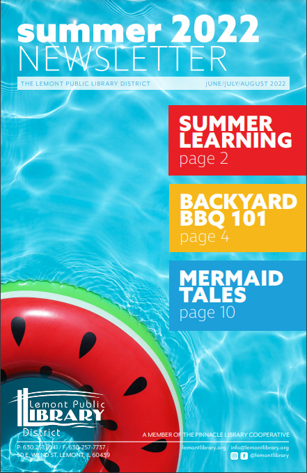 2022 Summer Newsletter Cover Inflated donut floating in pool