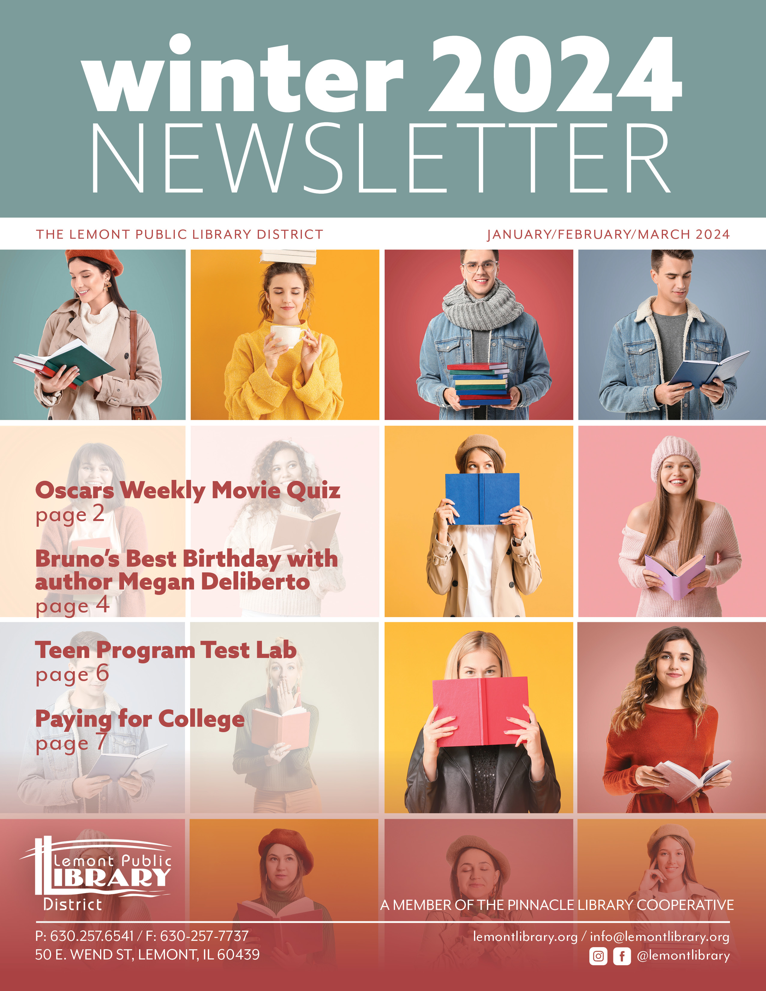 2024 Winter Newsletter cover grid of people holding books