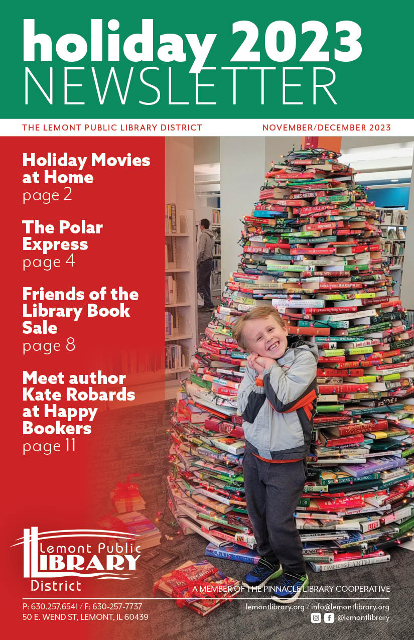 2023 Holiday Newsletter Cover child posing in front of book tree